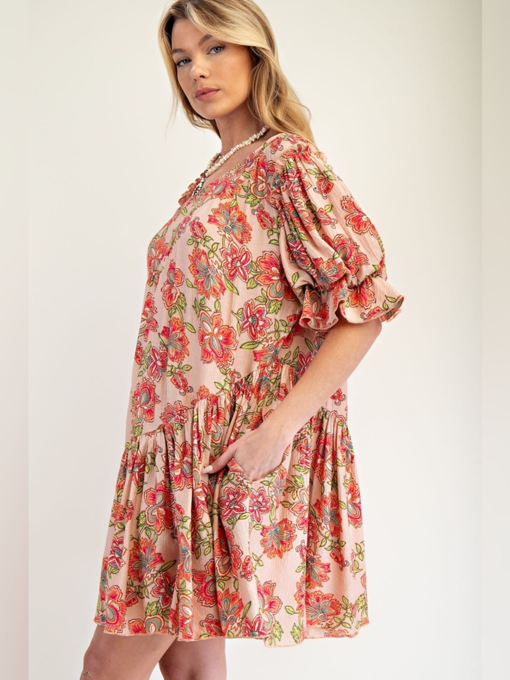 #95 FIRM 🌸New! Easel Floral Puff Sleeve Babydoll Dress